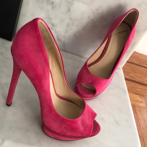 B Brian Atwood Hot Pink Suede and Sparkle Heels - Picture 1 of 5